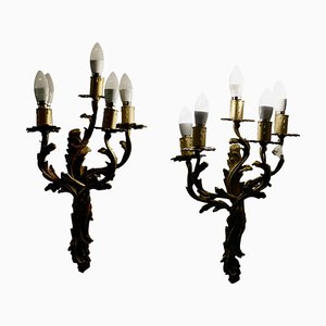 Large French Brass 5 Branch Wall Lights, 1960s, Set of 2