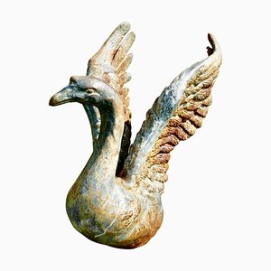 Large Weathered Cast Iron Statue of Swan Landing, 1920s