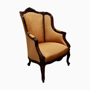French Carved Walnut and Salon Chair in Silk, 1950s