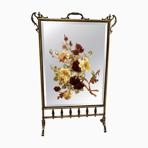 Large Victorian Brass and Roses Painted Mirror Fire Screen, 1880s