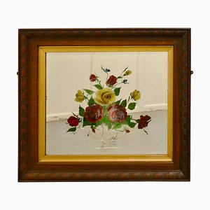 Victorian Reverse Painted Mirror with Roses, 1890s