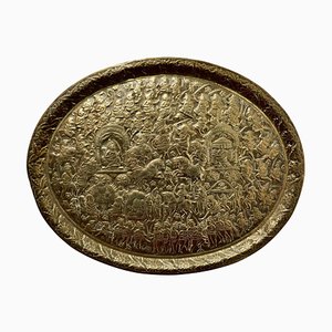 Large Oval Asian Brass Wall Hanging Marriage Charger, 1850s