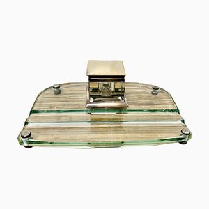 Art Deco Glass and Brass Desk Inkwell with Pen Rest, 1920s