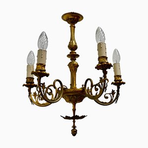 Rococo Style Gilded Brass 5-Branch Chandelier, 1910s