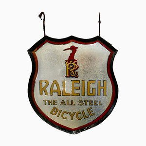 Cartel publicitario de bicicleta Raleigh de doble cara de vidrio, años 20