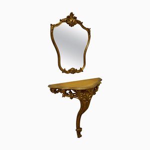 French Gilt Console or Hall Table and Mirror, 1880s, Set of 2