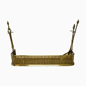 Victorian Pierced Brass Fender with Fire Irons, 1880s
