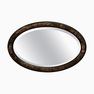 Black Lacquer Chinoiserie Oval Wall Mirror, 1920s