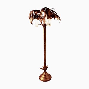 French Art Deco Gold Palm Leaf Toleware Floor Lamp, 1950s