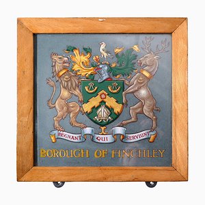 Blason Héraldique Encadré et Peint sur Ardoise de Borough of Finchley, 1880s