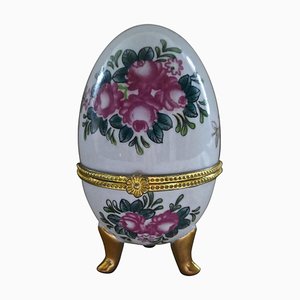 Vintage Rose Chintz Egg Shaped Ceramic Trinket Box with Hinged Lid, 1990s