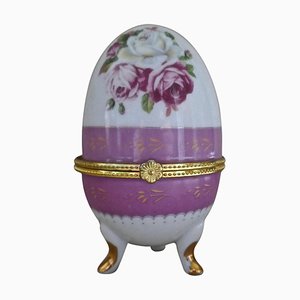 Vintage Rose Chintz Egg Shaped Ceramic Trinket Box with Hinged Lid, 1990s