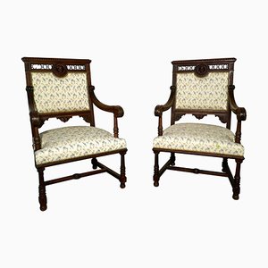 French Gothic Walnut Library Throne Chairs, 1870, Set of 2