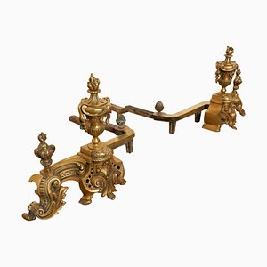 Large French Rococo Brass Fire Dogs, 1800s