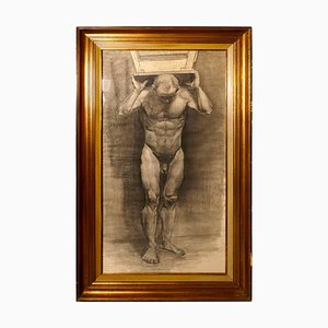 Hombre desnudo posando como Atlas, 1960, gran estudio en carboncillo, enmarcado