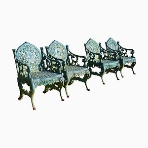 Cast Iron Garden Armchairs with Four Seasons Plaques on the Backs, 1950, Set of 4