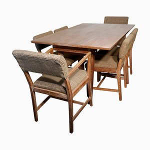 Limed Oak Extending Dining Table and Chairs, 1950s, Set of 7