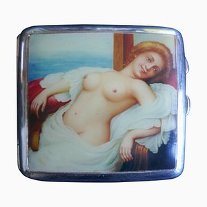 Edwardian Silver and Risqué Nude Enamel Cigarette Case by Joseph Gloster, 1911