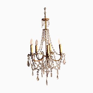 Large French Cut Glass and Brass Five Branch Chandelier, 1930s