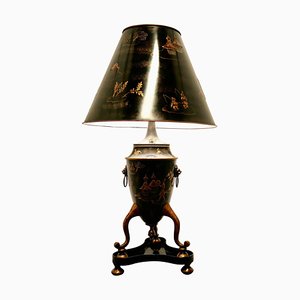 Large Chinese Black Gold and Red Toleware Table Lamp, 1960s