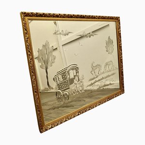 Folk Art Engraved Mirror with Horse Drawn Romany Caravan, 1960s