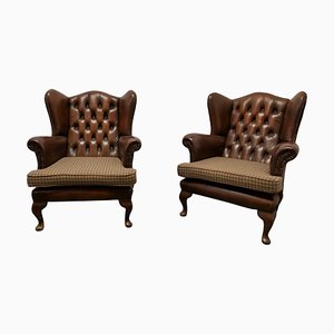 Chesterfield Wing Back Leather Library Chairs, 1940s, Set of 2