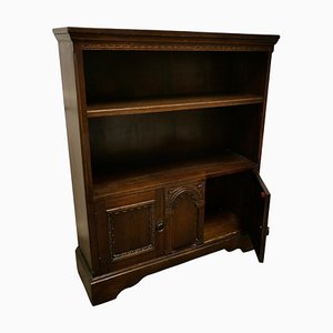 Gothic Carved Oak Open Bookcase with Cupboard by Charm, 1930s