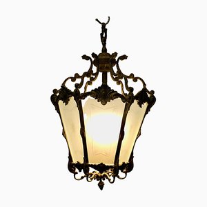 French Rococo Brass & Etched Glass Lantern Hall Light, 1920