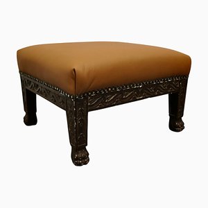 Carved Oak Foot Stool Upholstered in Leather, 1890s