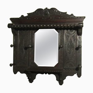 Victorian Carved Oak Hall Mirror with Hat and Coat Hooks, 1880s