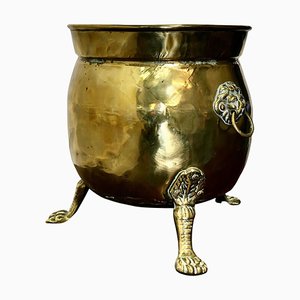 Large Victorian Brass Jardinière with Lions Mask & Hairy Paw Feet, 1880s