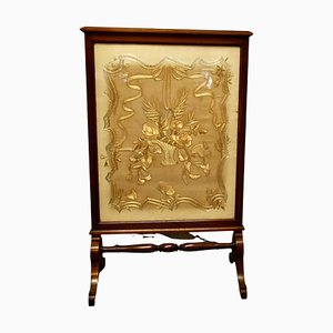 Victorian Hand Embroidered Silk and Mahogany Fire Screen, 1880s