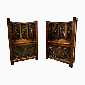 Arts and Crafts Pugin Carved Barrel Back Hall Chairs, 1880s, Set of 2