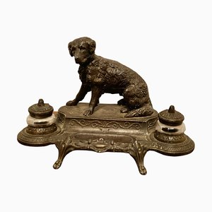 French Inkwell Stand with Hunting Retriever Dog, 1880