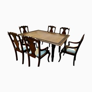 Tavolo intagliato allungabile e sedie da intagliare coordinate, inizio XX secolo, set di 7