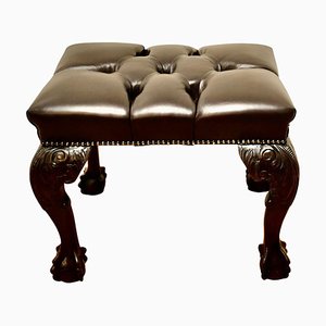 19th Century Chesterfield Carved Walnut Leather Library Stool, 1880s