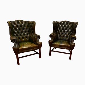 Chaises de Bibliothèque Chesterfield Gentleman's Wing Back en Cuir, 1900, Set de 2