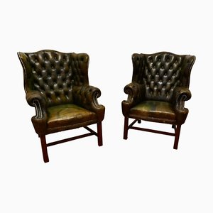 Gentleman's Wing Back Chesterfield Library Chairs in Leather, 1900, Set of 2