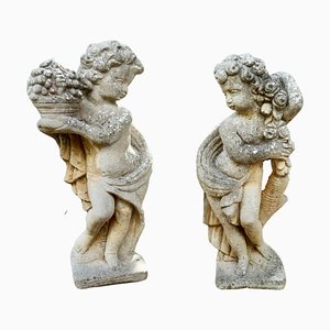 Weathered Classical Statues of Children with Flowers, 1950, Set of 2