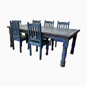 Large Folk Art Carved Painted Table and Chairs, 1920s, Set of 7