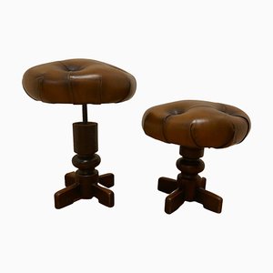 French Button Leather Swivel Piano Stools, 1890s, Set of 2