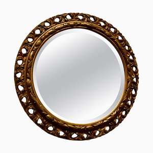 Carved Bevelled Gilt Round Wall Mirror, 1920