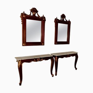 French Marble Top Console Tables with Mirrors, 1890, Set of 4