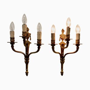 French Neoclassical Brass Triple Wall Lights, 1920, Set of 2