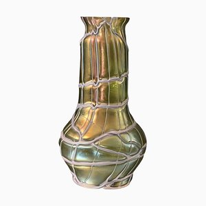 Vase Art Nouveau Vert Foncé avec Déco en Métal de Palme-König, Allemagne, 1900s