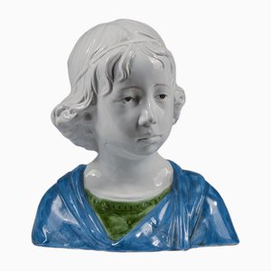 Escultura de niño de cerámica blanca y azul de Cigna Carlo Bellan, años 90