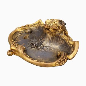 Antique French Gilt Pewter and Porcelain Inkwell by Chatelain, 1890s
