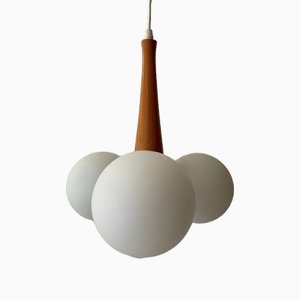 Lampada da soffitto Atomic in vetro opalino e legno, Germania, anni '70