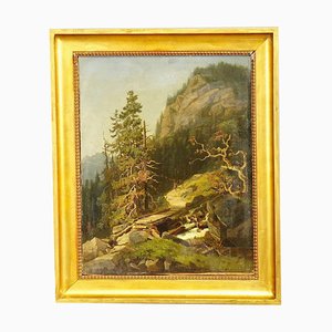 Summer Mountain Landscape with Hiker on Trail, 19th Century, Oil on Canvas, Framed
