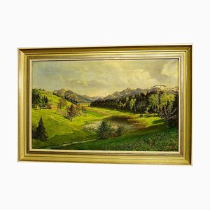 Paisaje de hierba de alta montaña con lago alpino en Baviera, años 30, óleo sobre lienzo